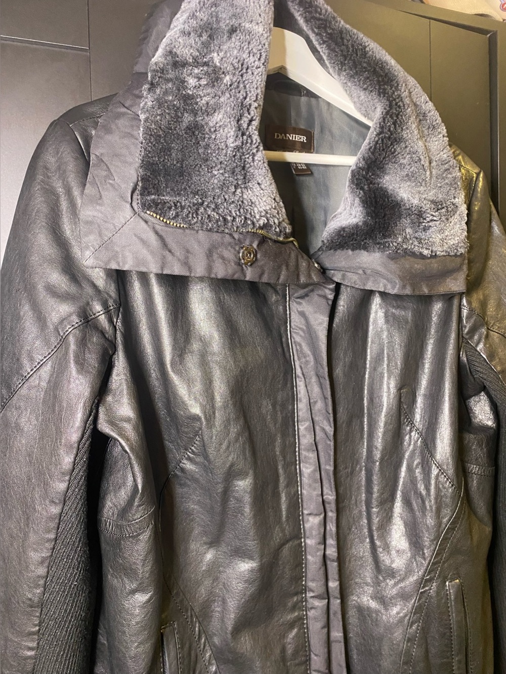 Danier Black Leather Jacket with Plush Grey Shearling Collar